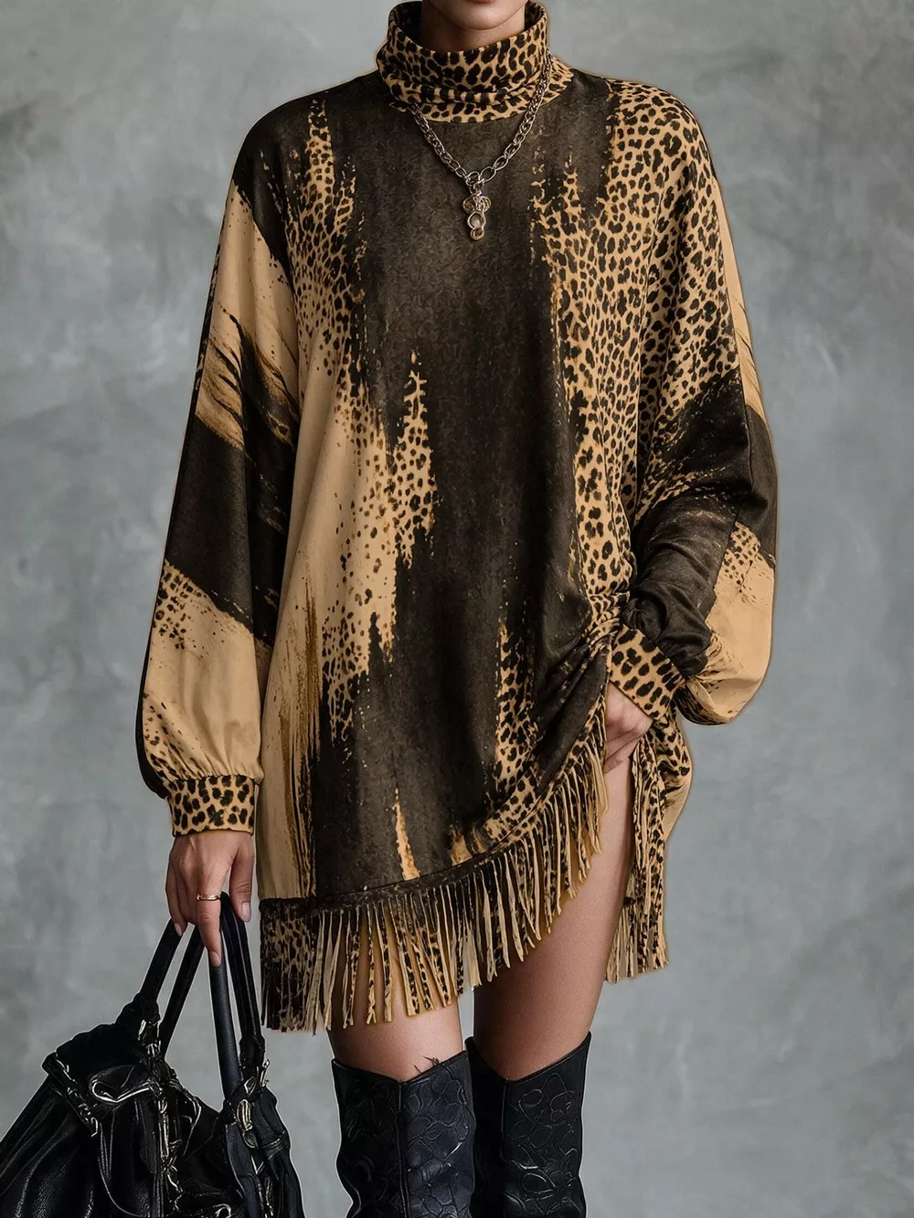 Leopard Print Mock Neck Fringe Hem Mini Dress, image 6