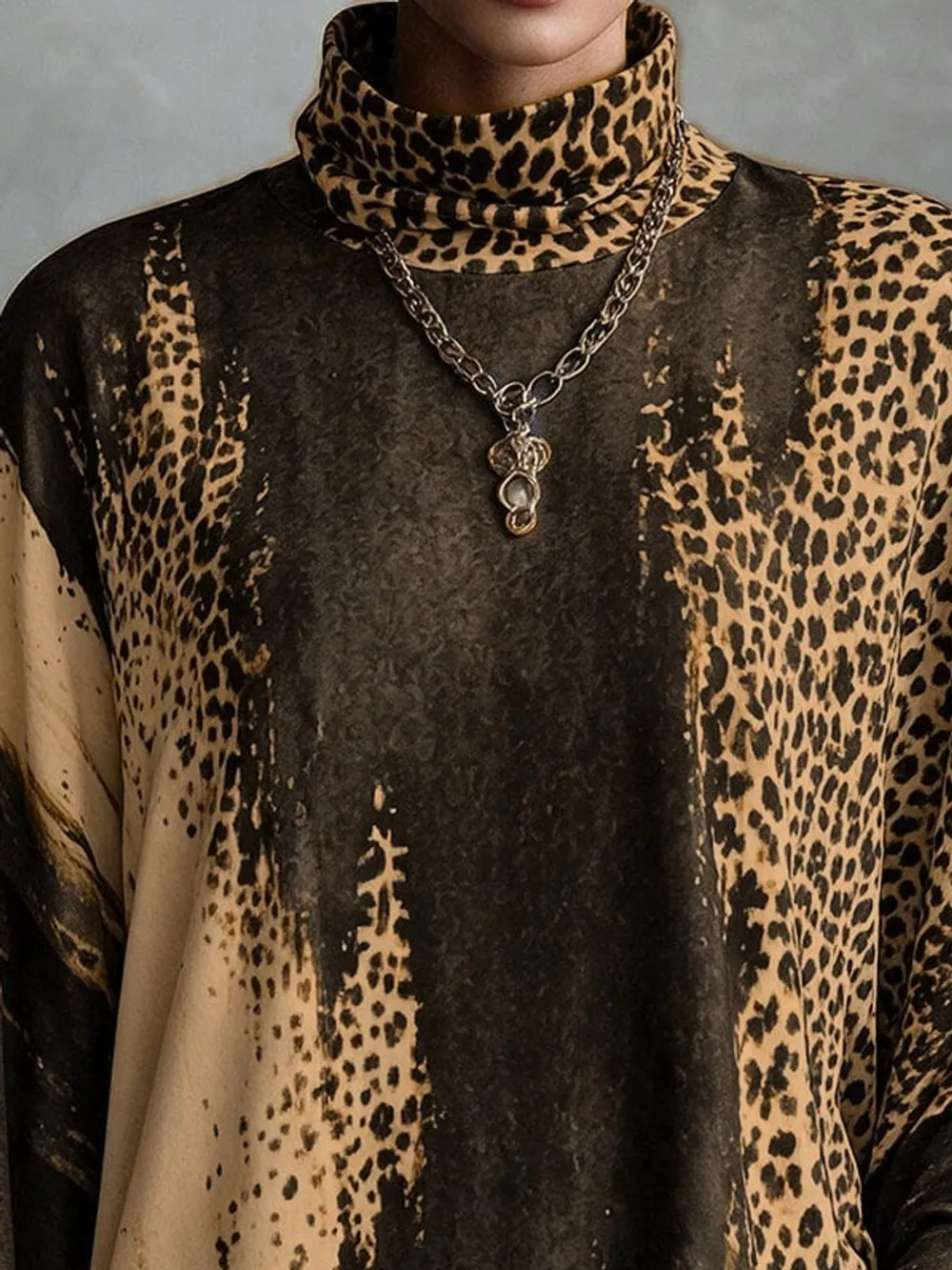 Leopard Print Mock Neck Fringe Hem Mini Dress, image 7