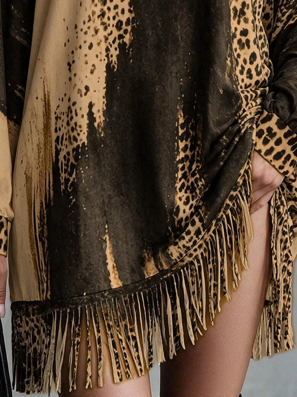 Leopard Print Mock Neck Fringe Hem Mini Dress, image 8