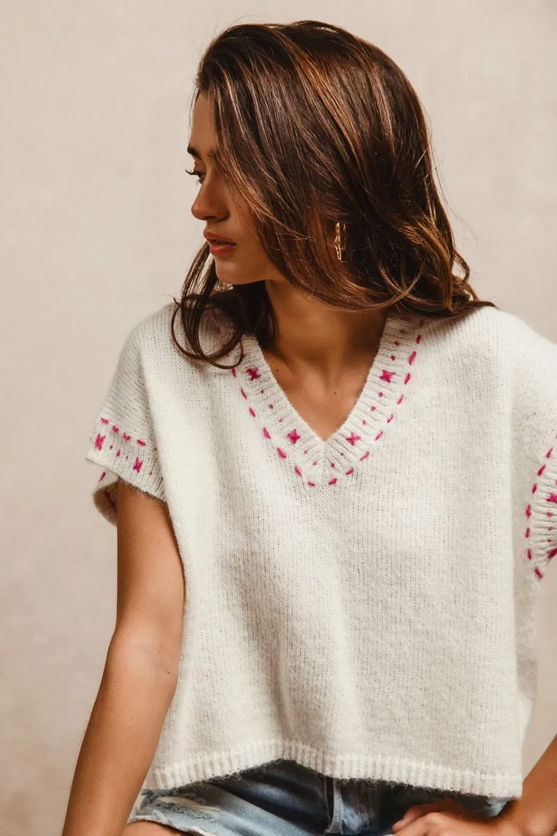 Knit Solid Contrast Stitch Detail Short Sleeves Sweater, image 11