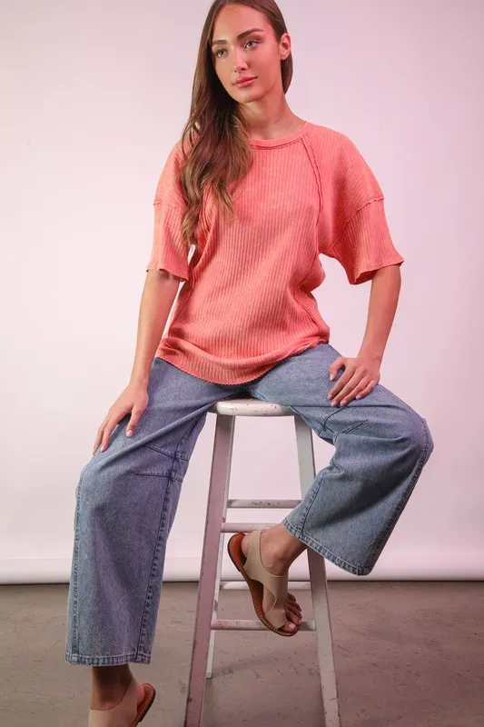 Mineral Washed Ribbed Knit Casual Top, image 4