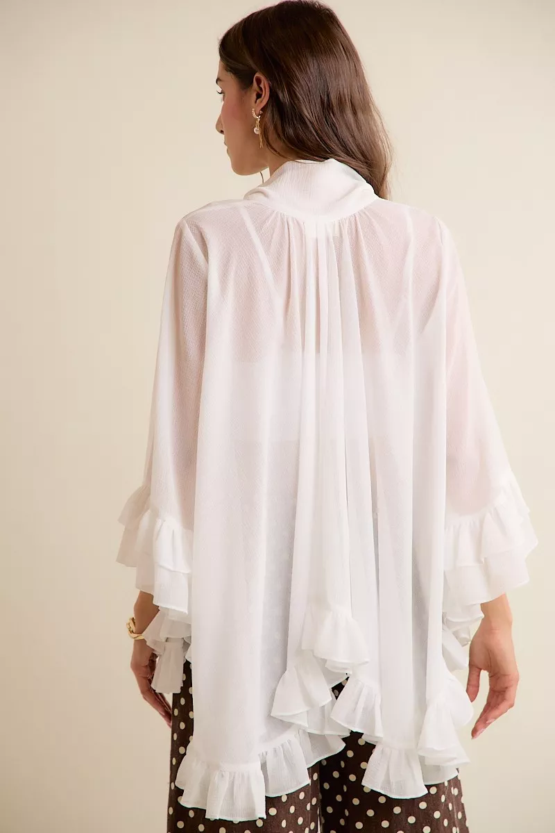 Sheer Ruffle Bell Sleeves Bow Tie Flowy Blouse Top, image 3
