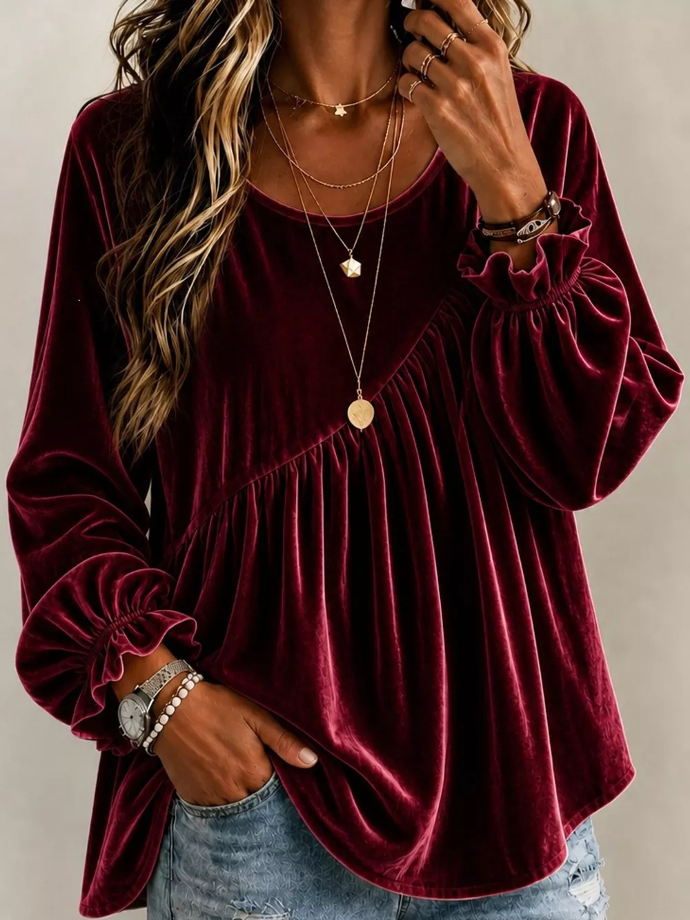 Full Size Velvet Long Sleeve Blouse Plus Size, image 7