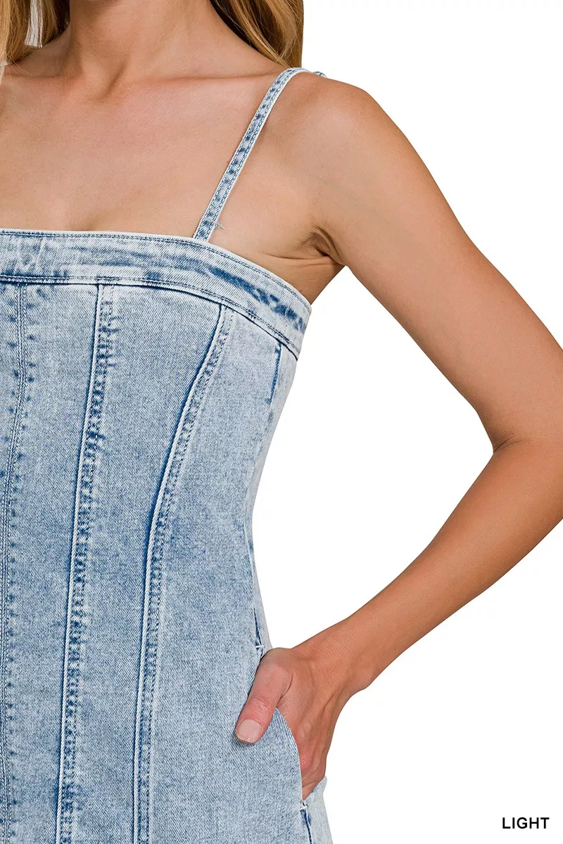 Spaghetti Strap Exposed Seam Light-Wash Dress, image 11