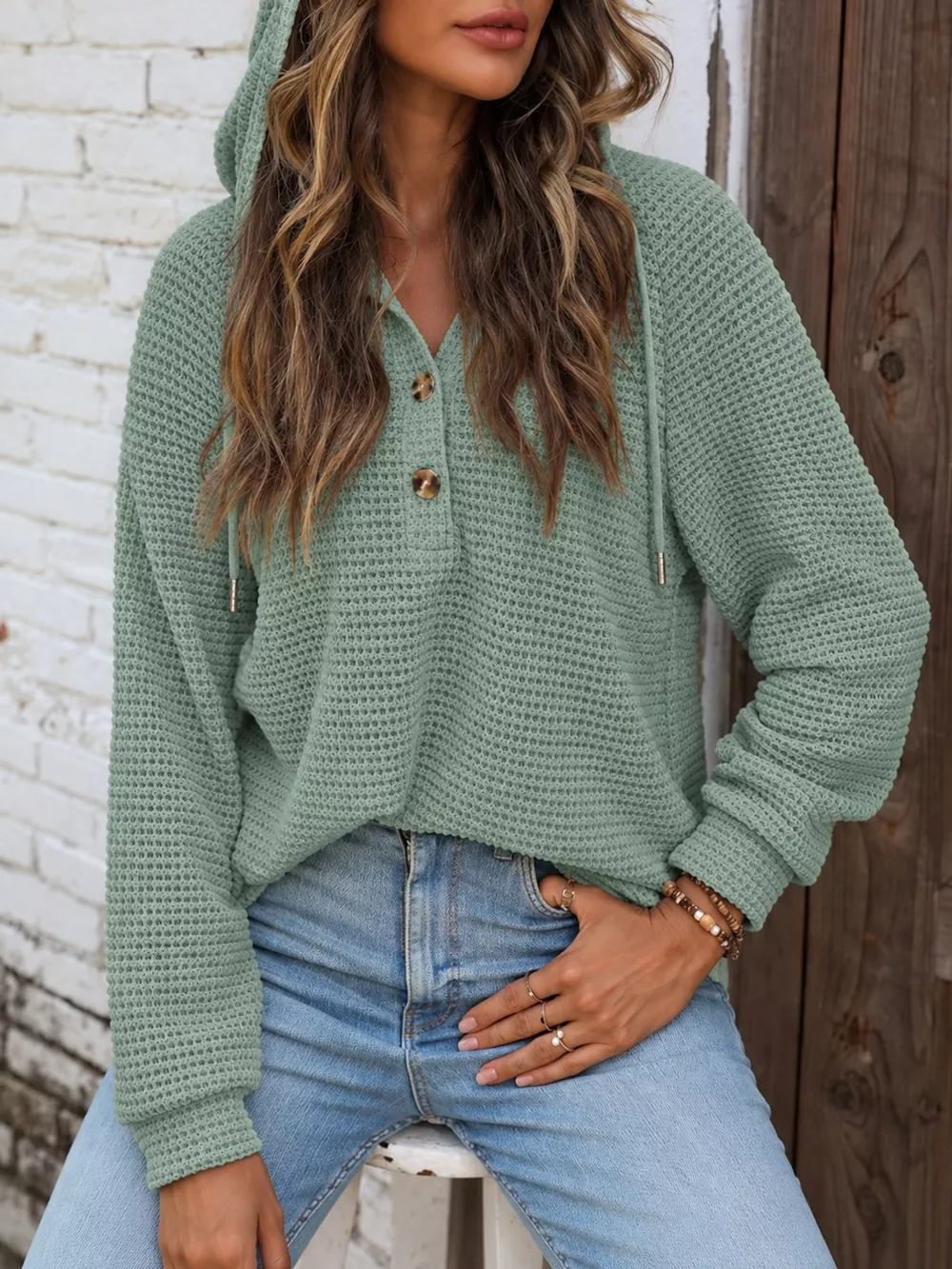 Full Size Waffle Knit Button Detail Hoodie Plus Size, image 56