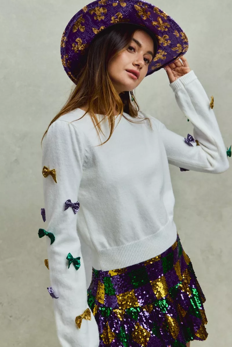 Mardi Gras Glitter Bow Ribbon Sweater Knit Top, image 10