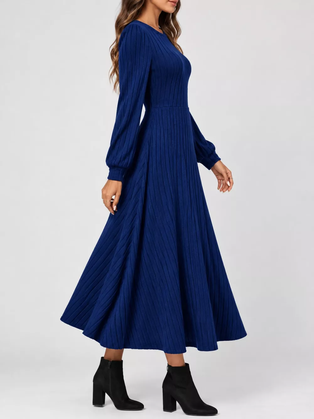 Ribbed Knit Long Sleeve A-Line Midi Dress, image 20