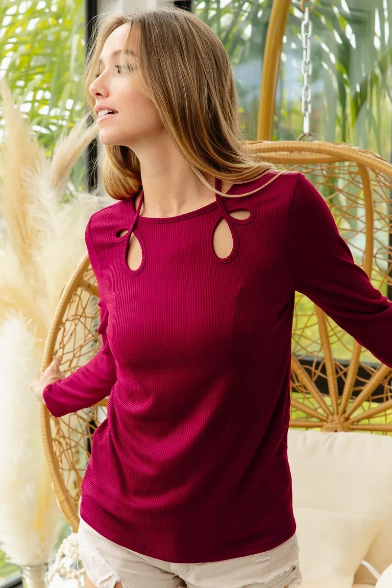 Rib Knit With Cut Out and Tied Neck Detailed Top, image 9
