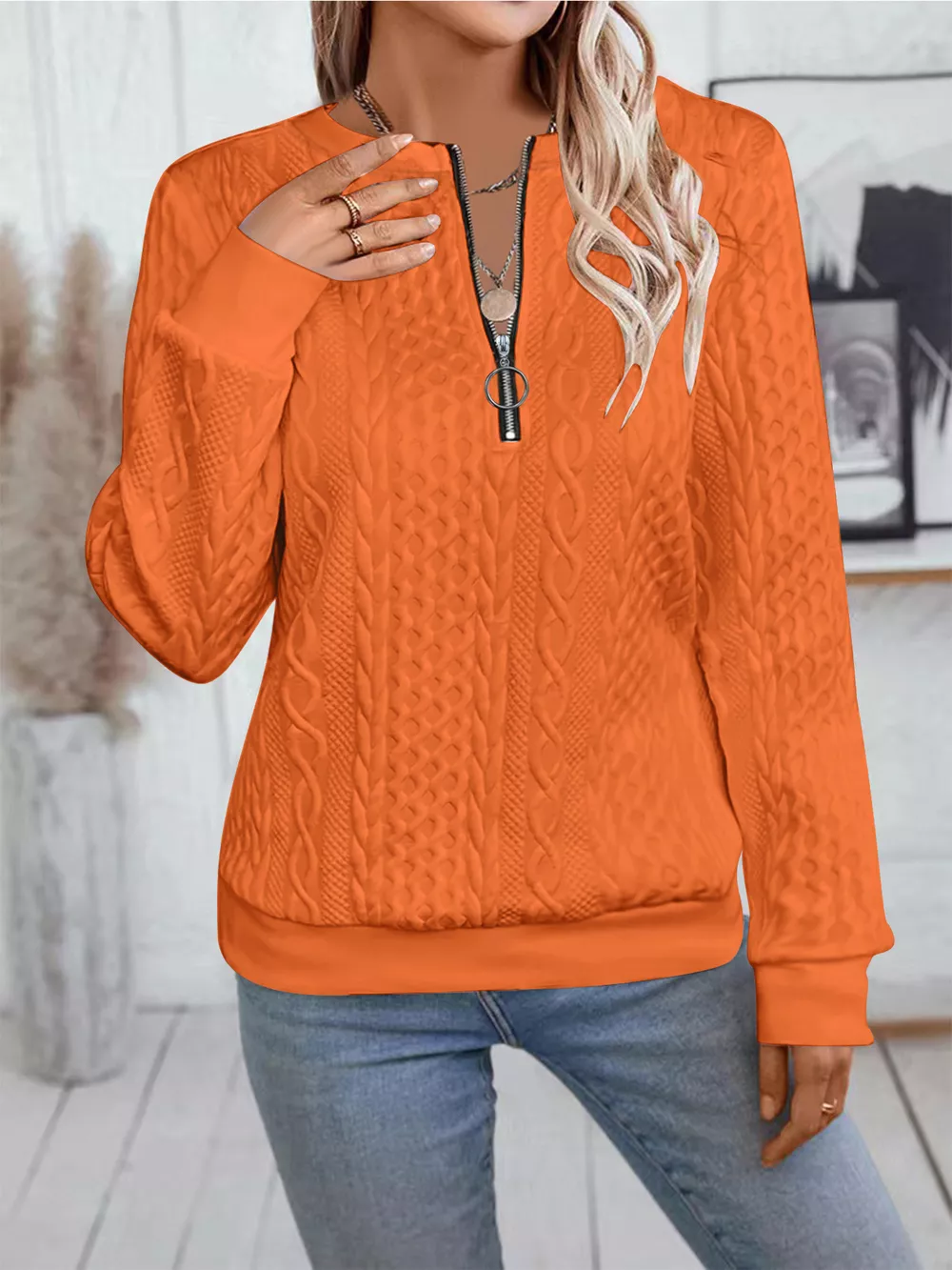 Chic Cable Texture Quarter-Zip Sweatshirt, image 12