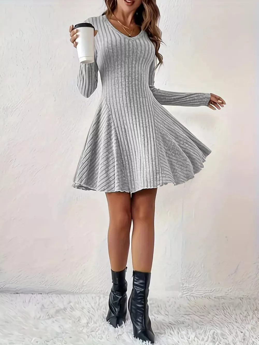 V-Neck Ribbed Knit A-Line Dress, image 29