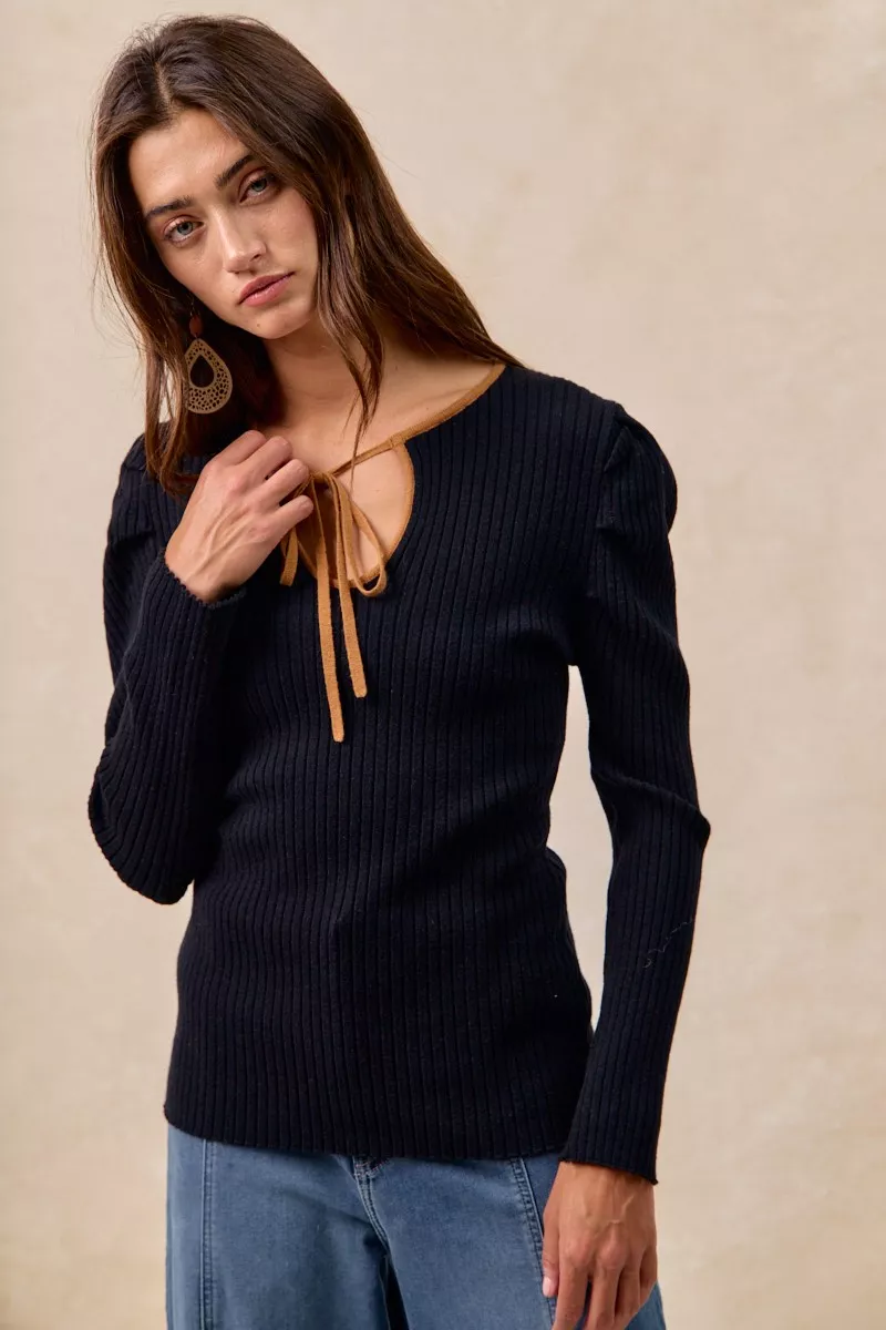 Ribbed Contrast Front Tied Top with Shrried, image 13