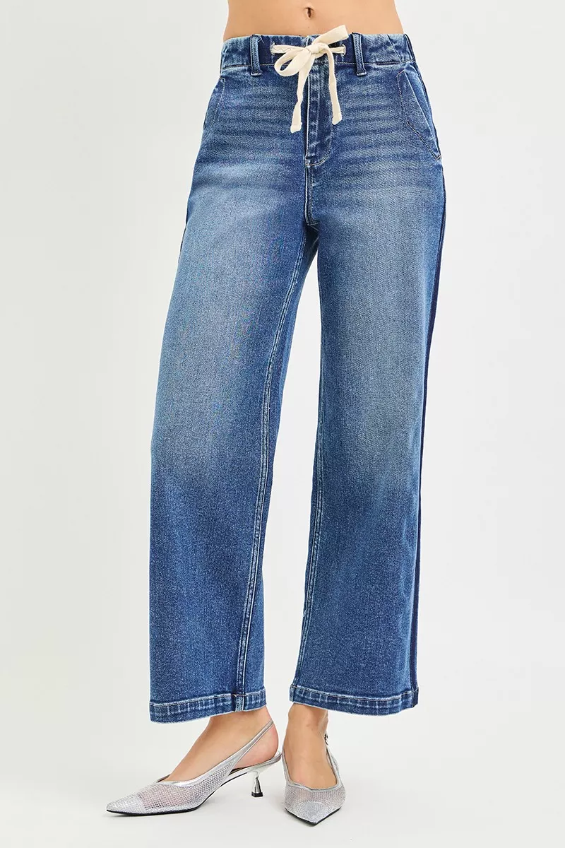 Elastic Band High Rise Cropped Wide Jeans, image 5