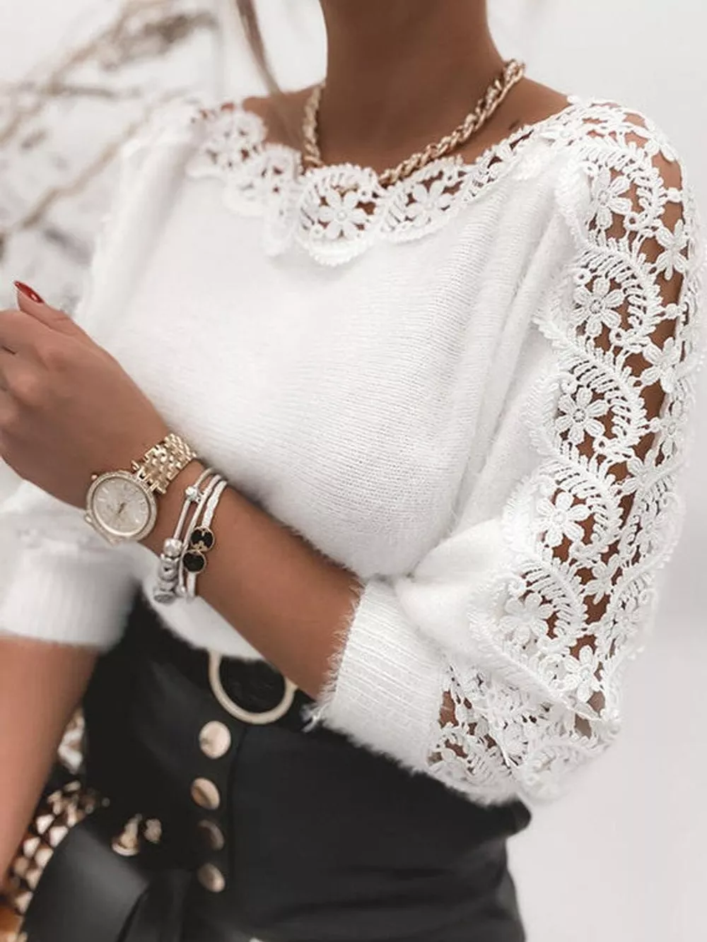 Lace-Trimmed Long Sleeve Sweater, image 3