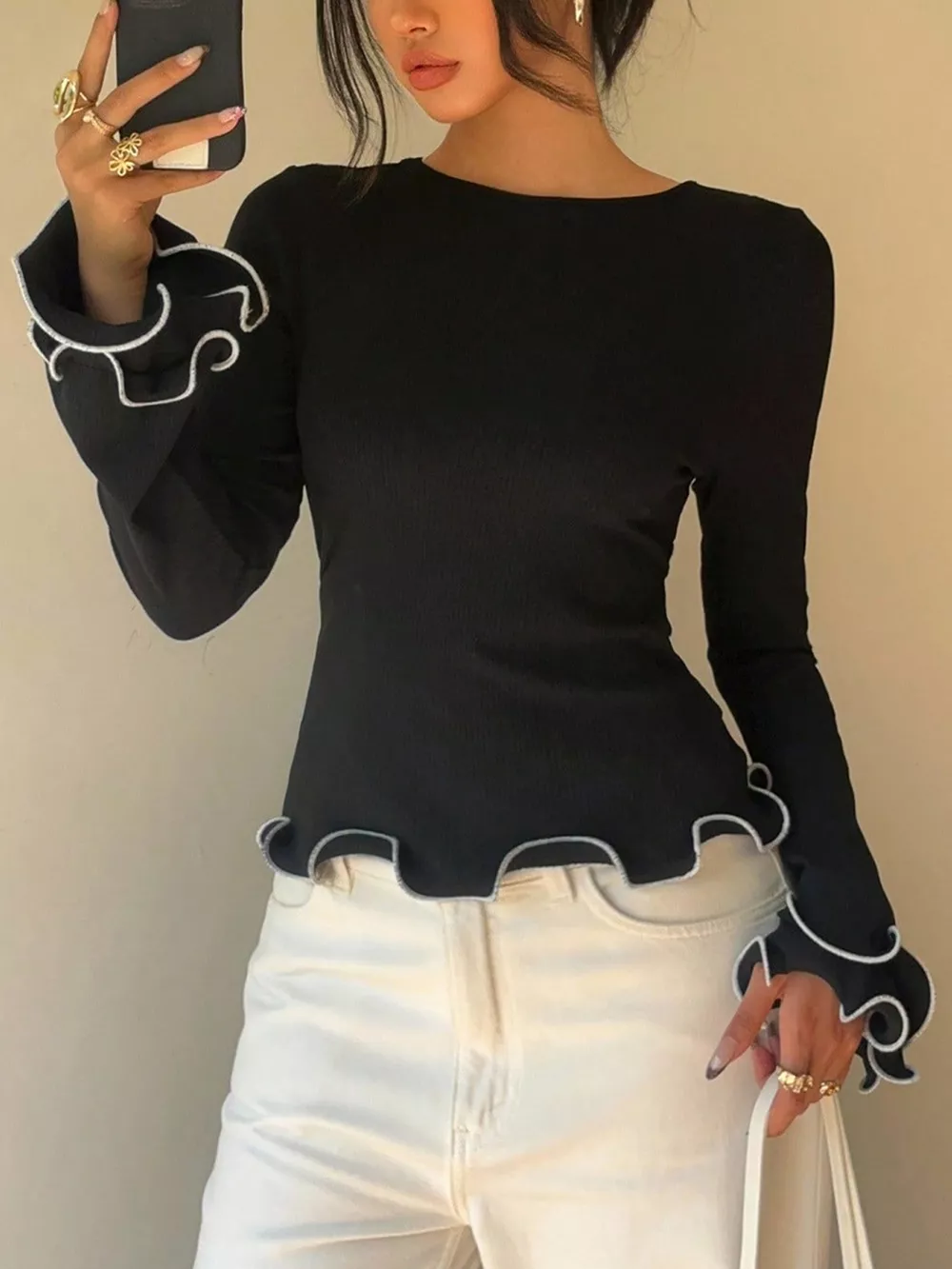 Lettuce Hem Tie Back Long Sleeve T-Shirt, image 3