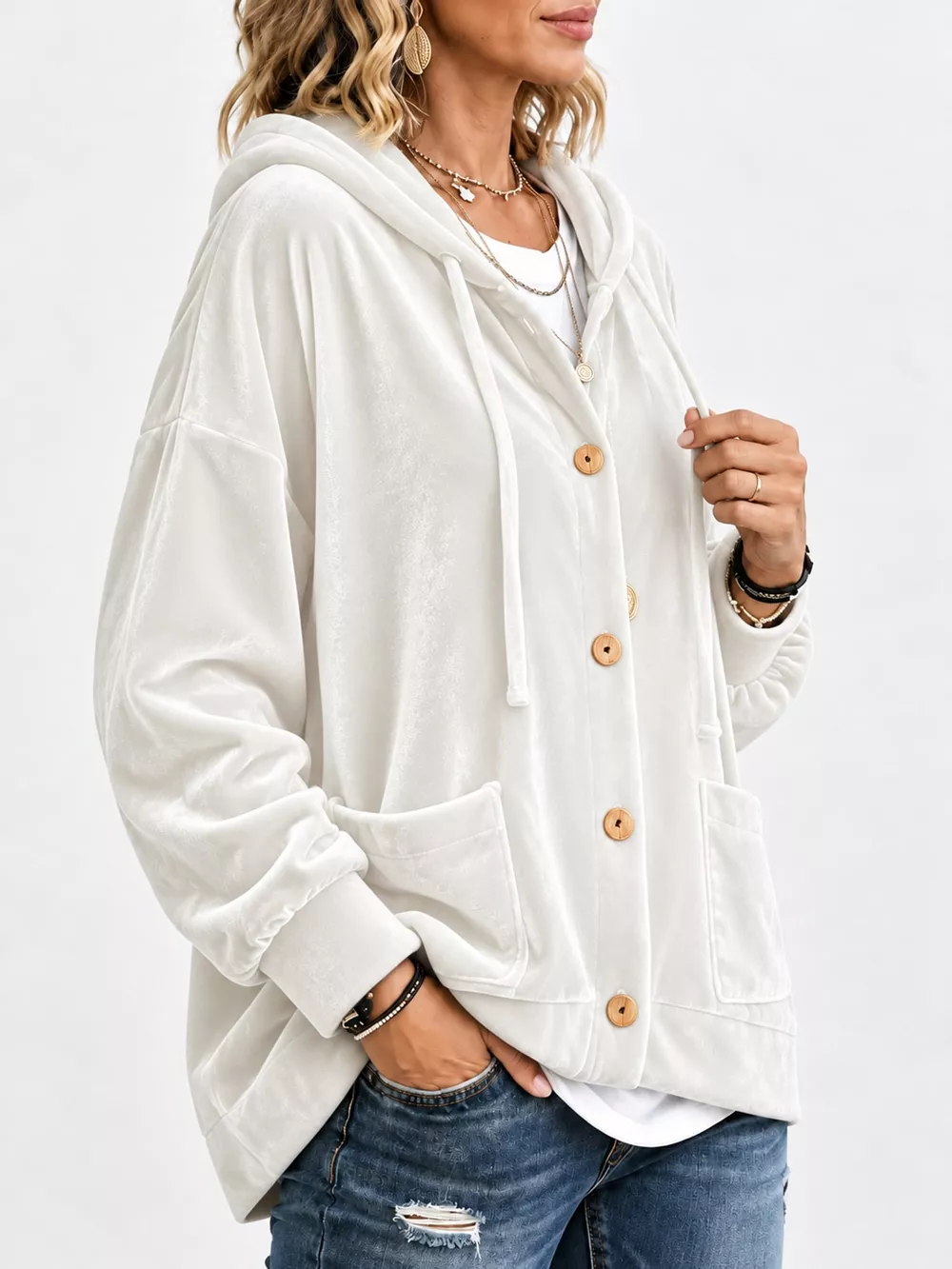 Full Size Velvet Dropped Shoulder Hoodie Plus Size, image 2