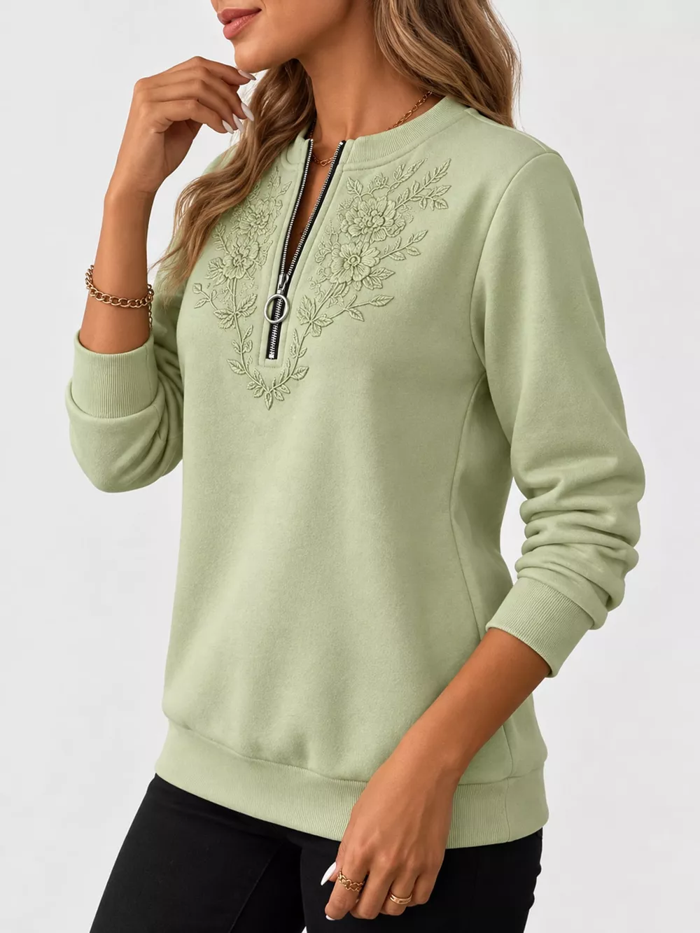 Floral Embroidered Quarter-Zip Sweatshirt, image 5