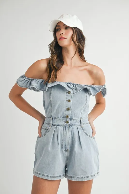 Off Shoulder Ruffle Detail Denim Romper