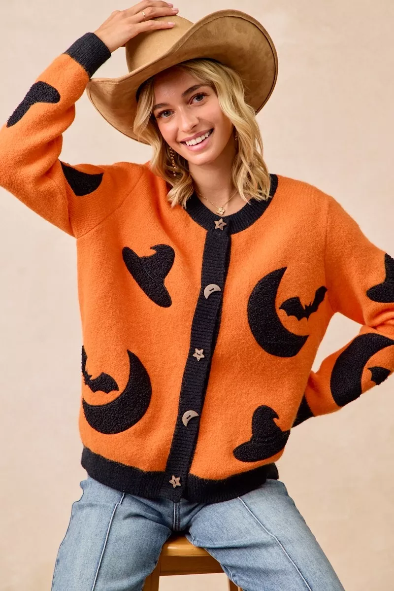 Halloween Witch Hat Moon Bat Artwork Cardigan, image 19
