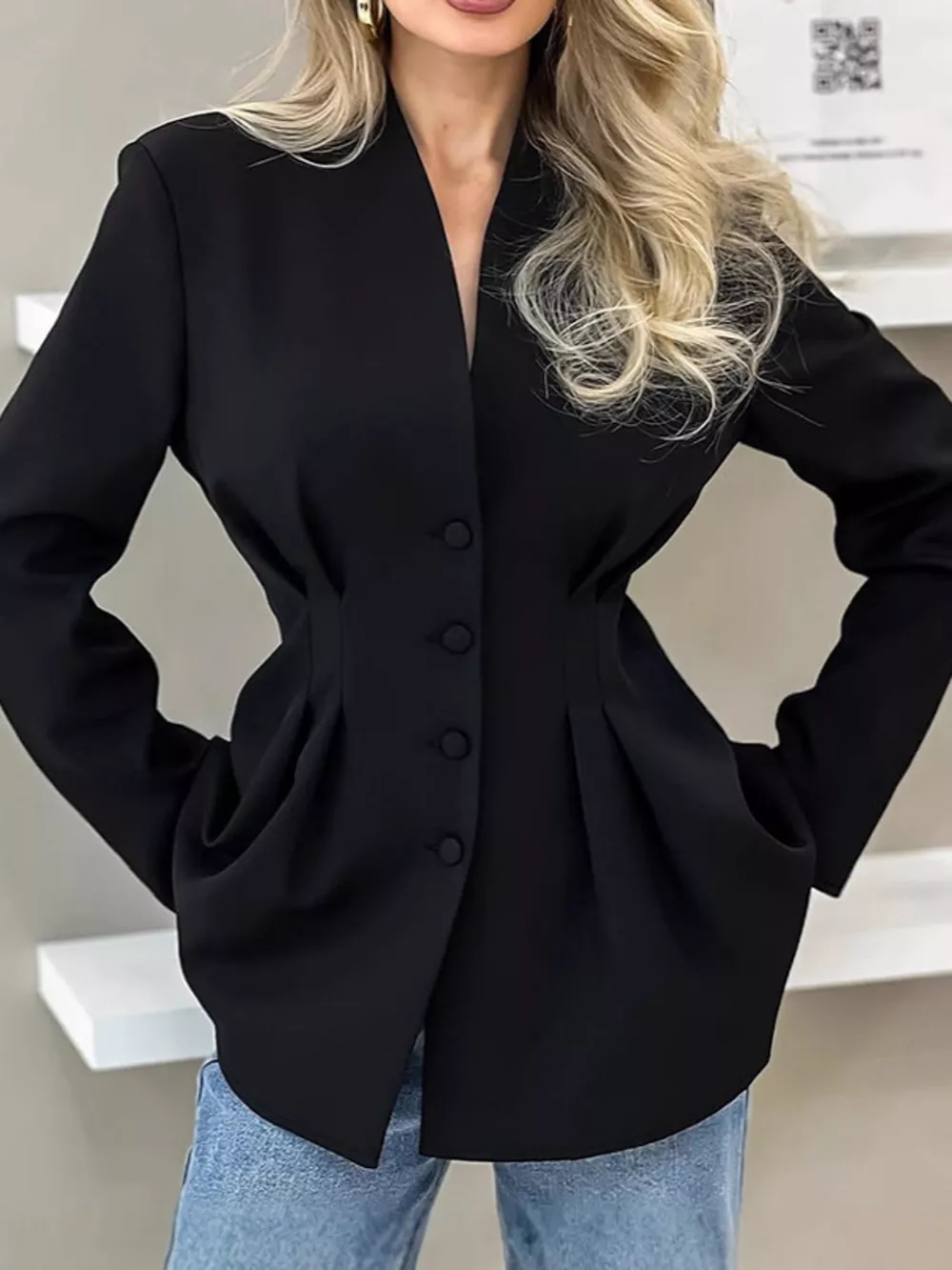 V-Neck Pleated Waist Slim-Fit Blazer, image 3