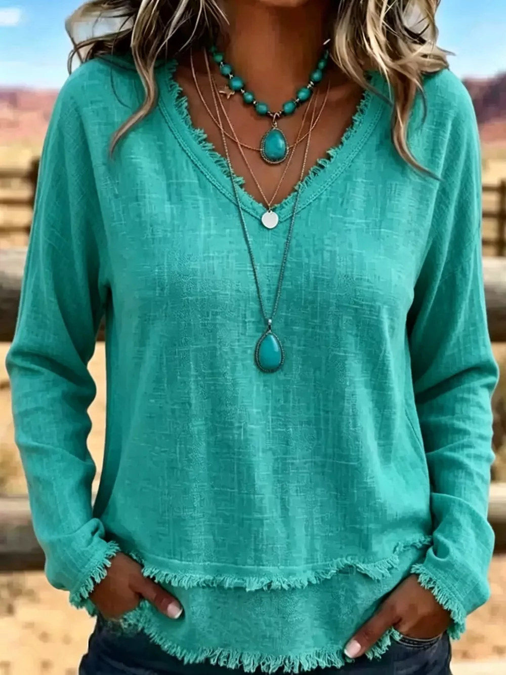 Full Size Frayed Hem V-Neck Blouse Plus Size, image 46