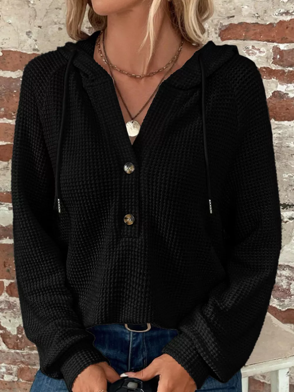 Full Size Waffle Knit Button Detail Hoodie Plus Size, image 25