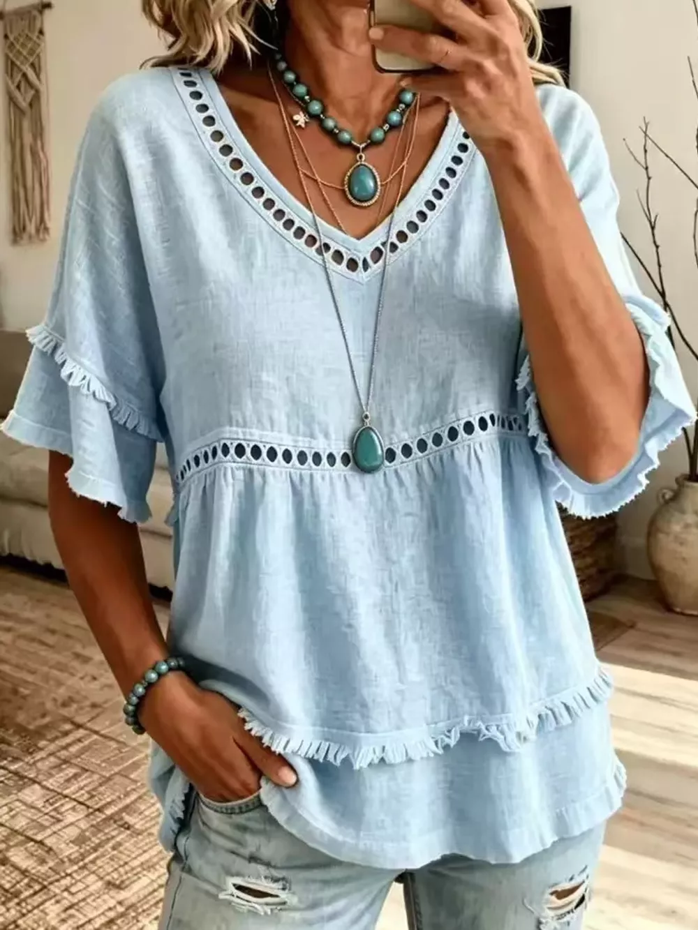 Full Size Frayed Hem V-Neck Blouse Plus Size, image 8