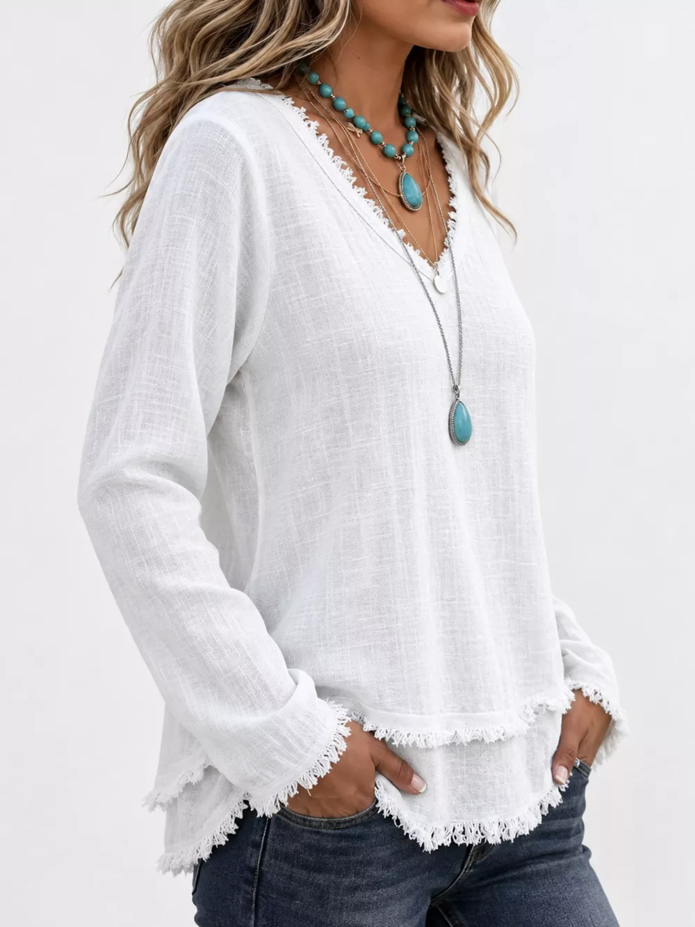 Full Size Frayed Hem V-Neck Blouse Plus Size, image 22