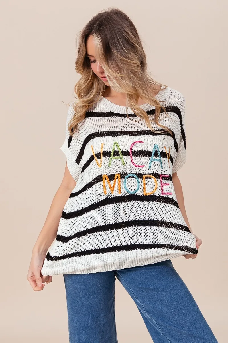 Vacay Mode Lettering Drop Shoulder Striped Sweater, image 12