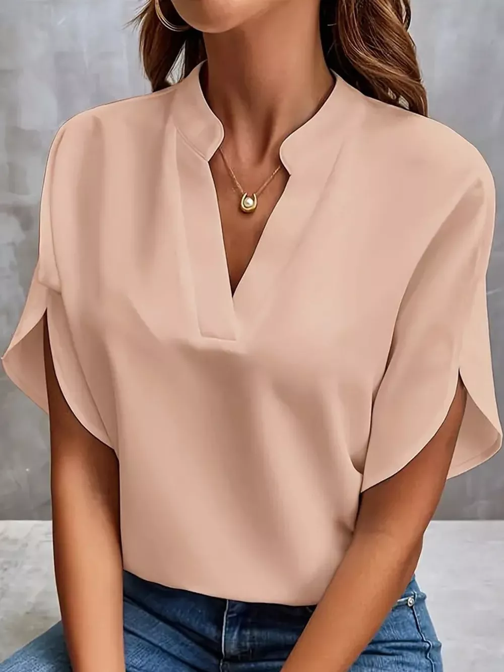 Notched Slit Short Sleeve Blouse, image 31