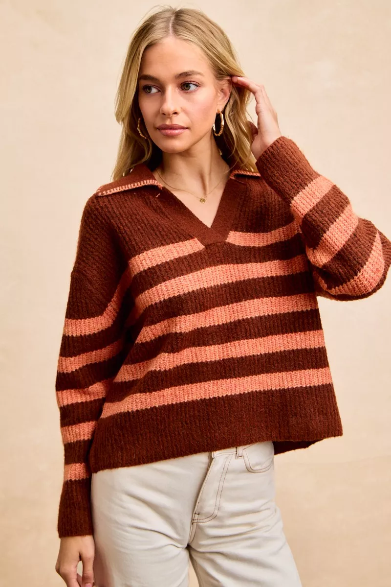 Striped Sweater Top with Collar Stitched Details, image 9