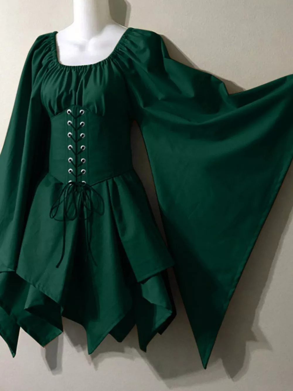 Full Size Lace-Up Flare Sleeve Irregular Hem Dress Plus Size, image 21