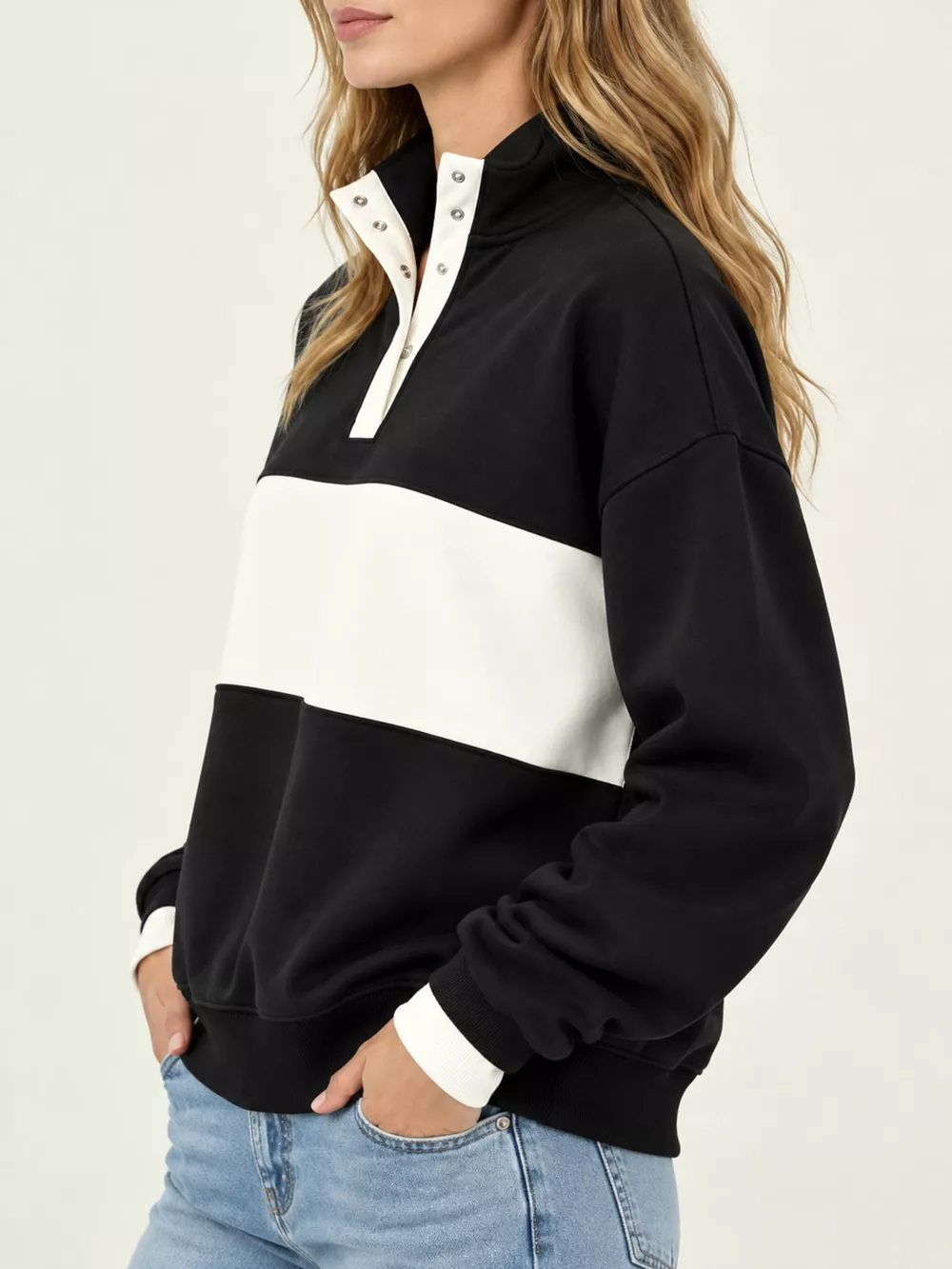 Full Size Color Block Snap-Button Sweatshirt Plus Size, image 37