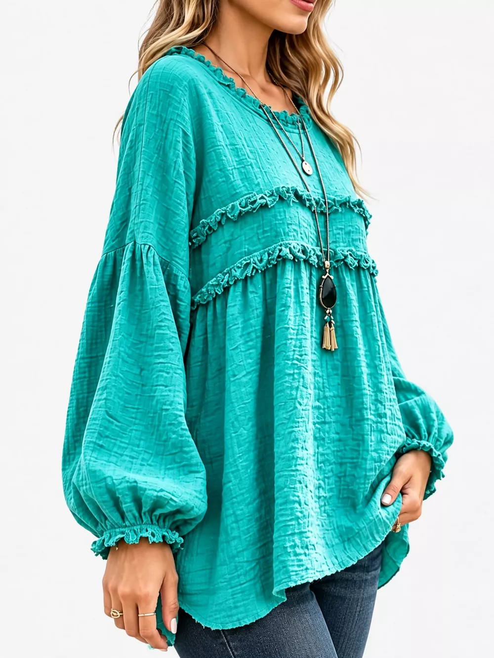 Full Size Boho Chic Textured Frayed Trim Peplum Blouse Plus Size, image 31