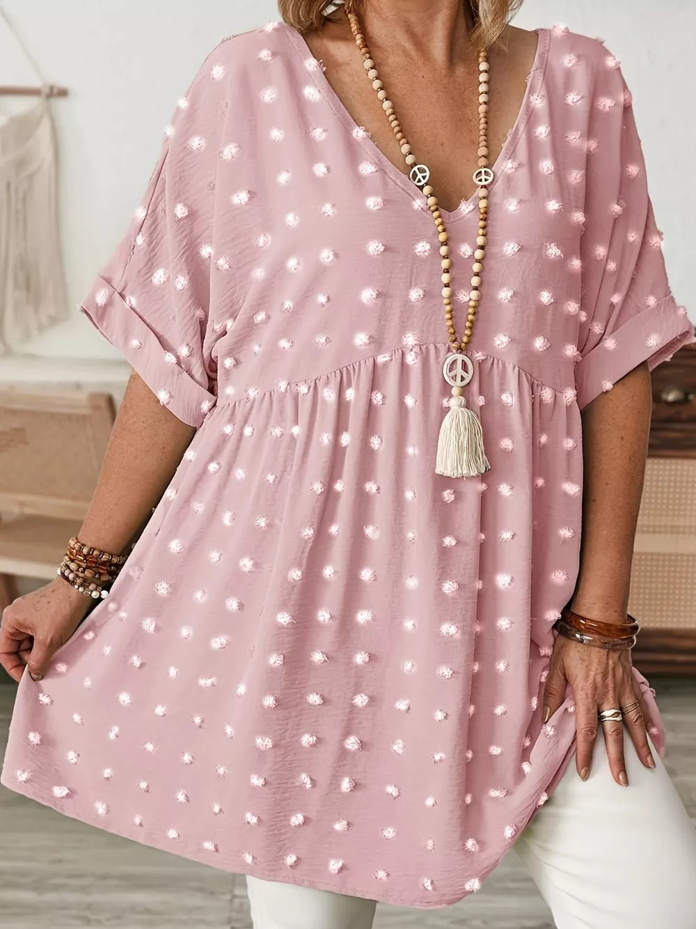 Plus Size Swiss Dot V-Neck Casual Blouse, image 33