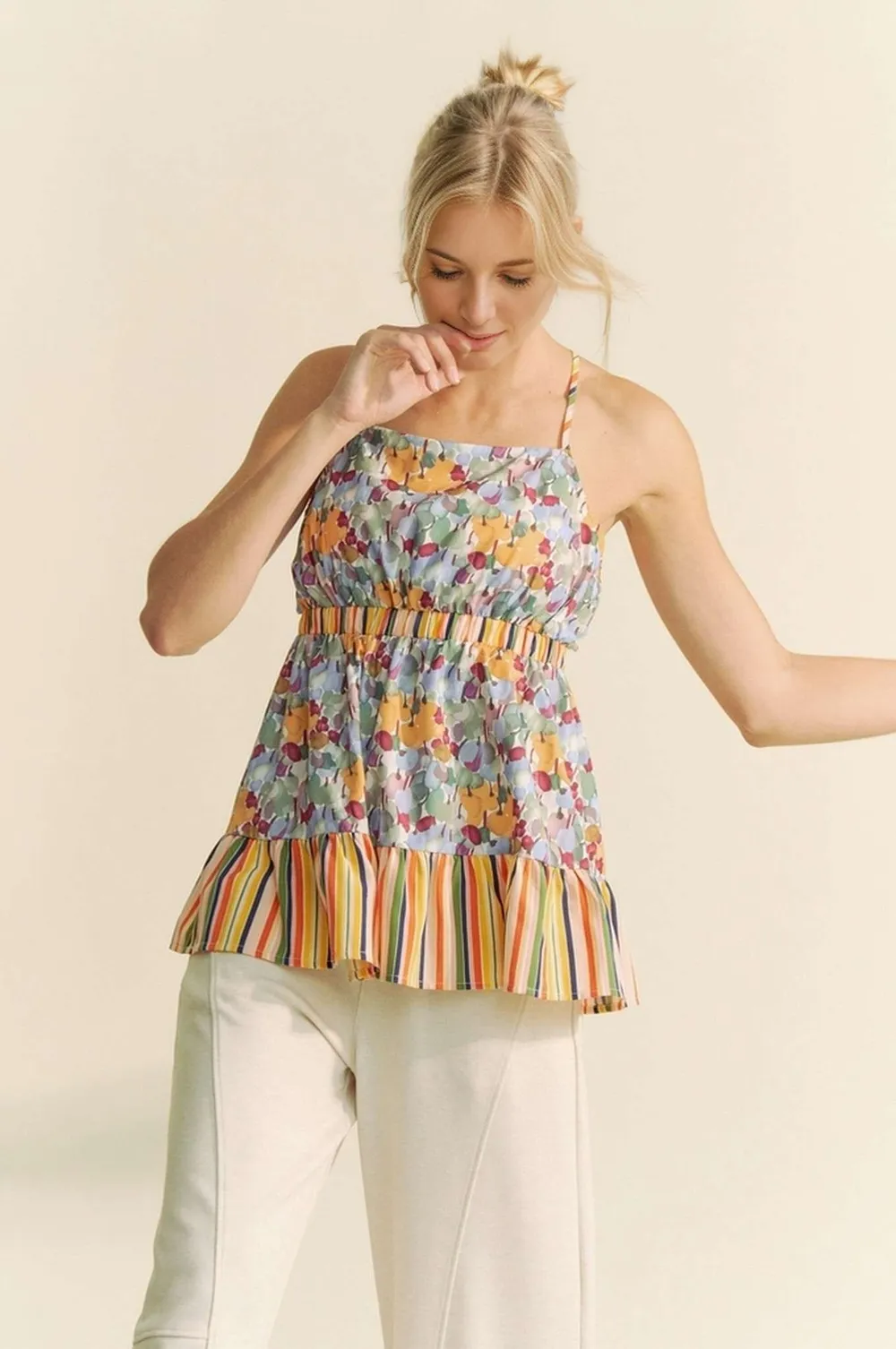 Floral Smocked Sleeveless Ruffle Back Tie Top