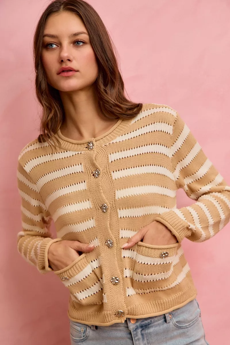Stripe Long Sleeves Button Sweater Cardigan, image 17