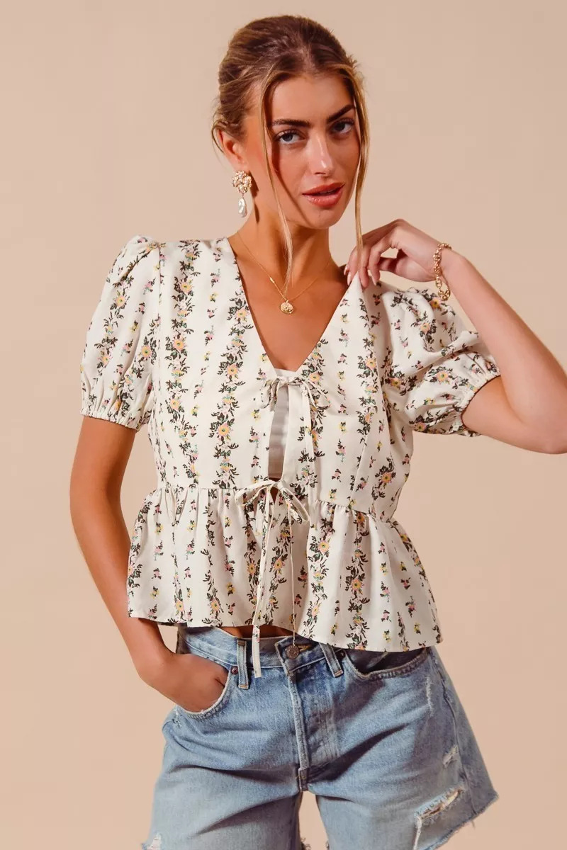 Floral Print Tie Front Shirred Hem Blouse, image 9