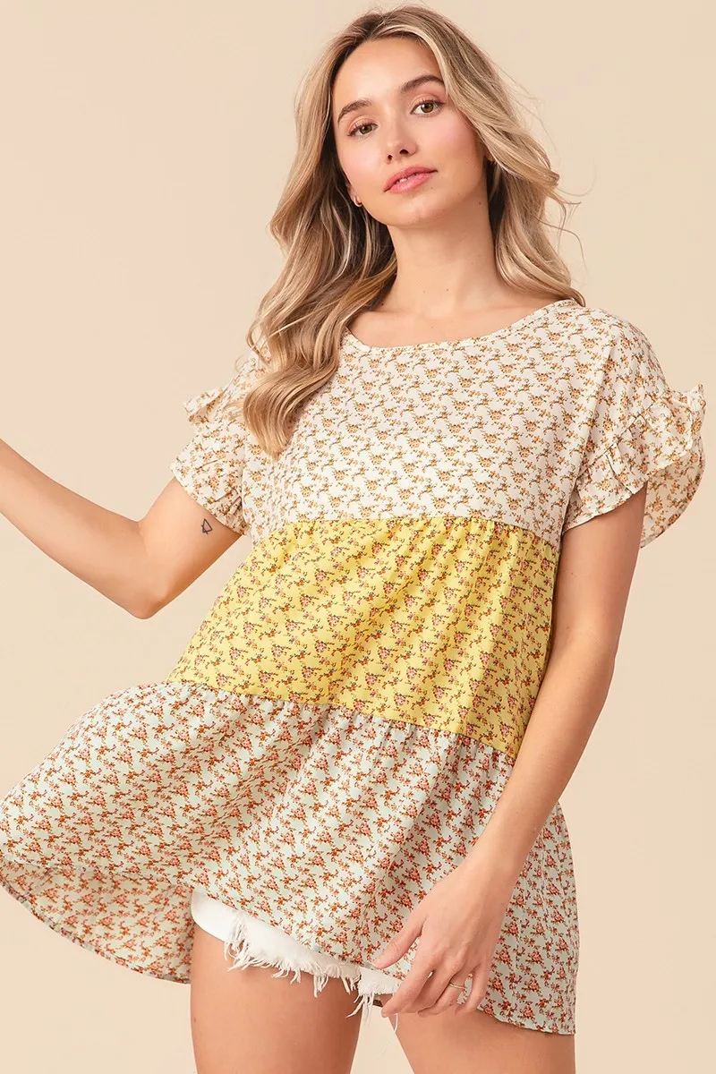 Flroal Printed Woven Color Block and Tiered Top, image 14