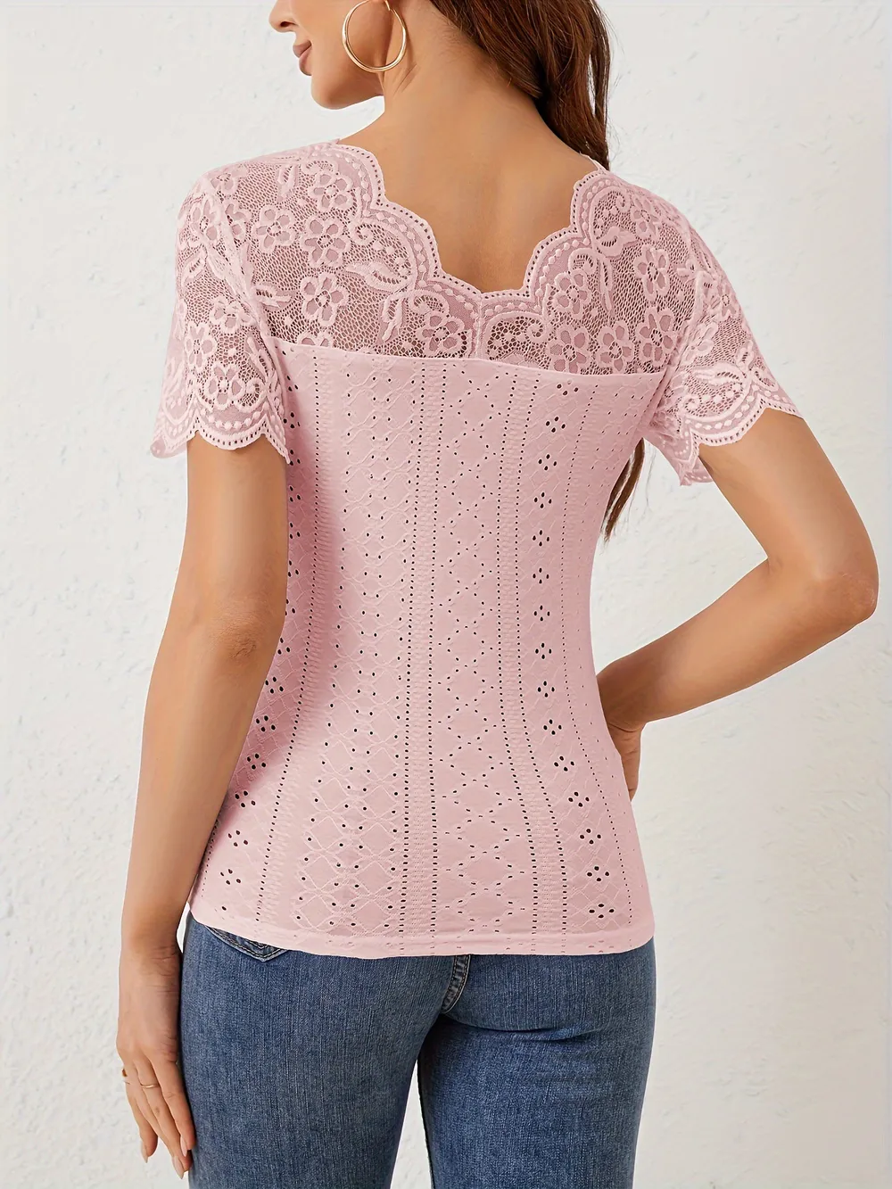 Lace Scalloped V-Neck Eyelet T-Shirt, image 21