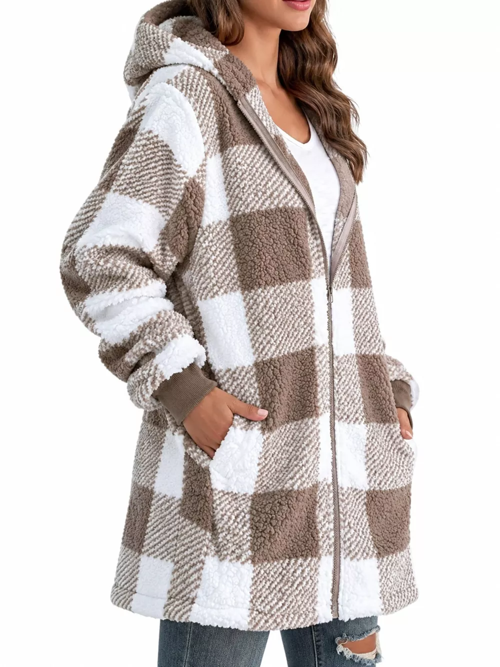 Full Size Plaid Sherpa Hooded Zip-Up Outerwear Plus Size, image 5