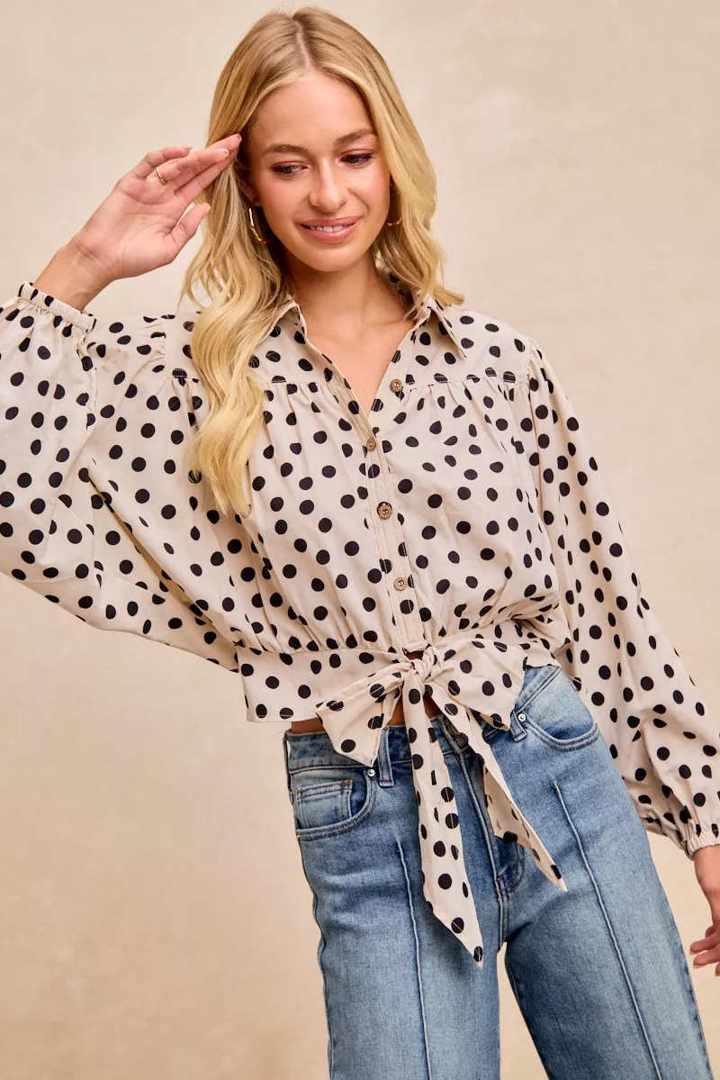 Polka Dot Print Tie Hem Detail Crop Shirt, image 11