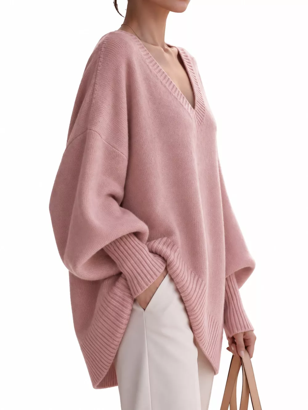 Full Size V-Neck Oversized Batwing Sleeve Sweater Plus Size, image 31