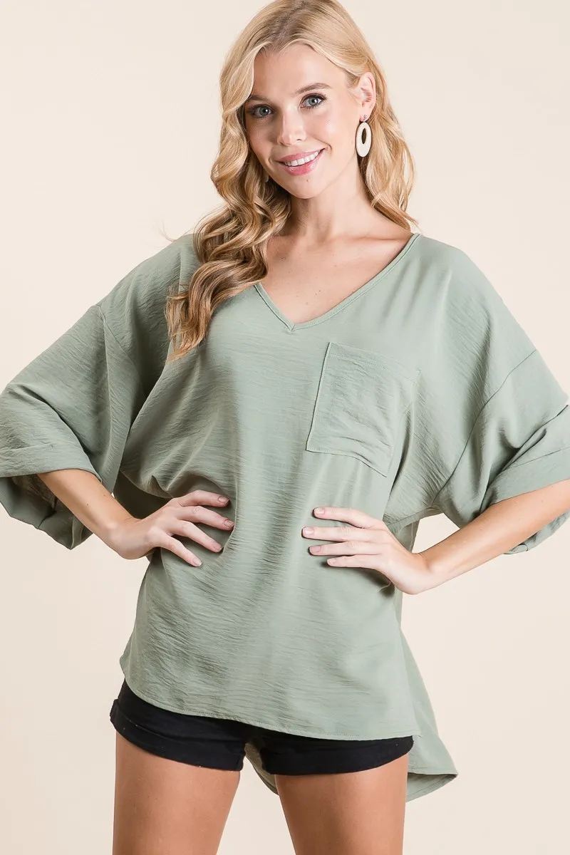 Flowy Woven V-Neck Top with Rolled Up Cuffs, image 4