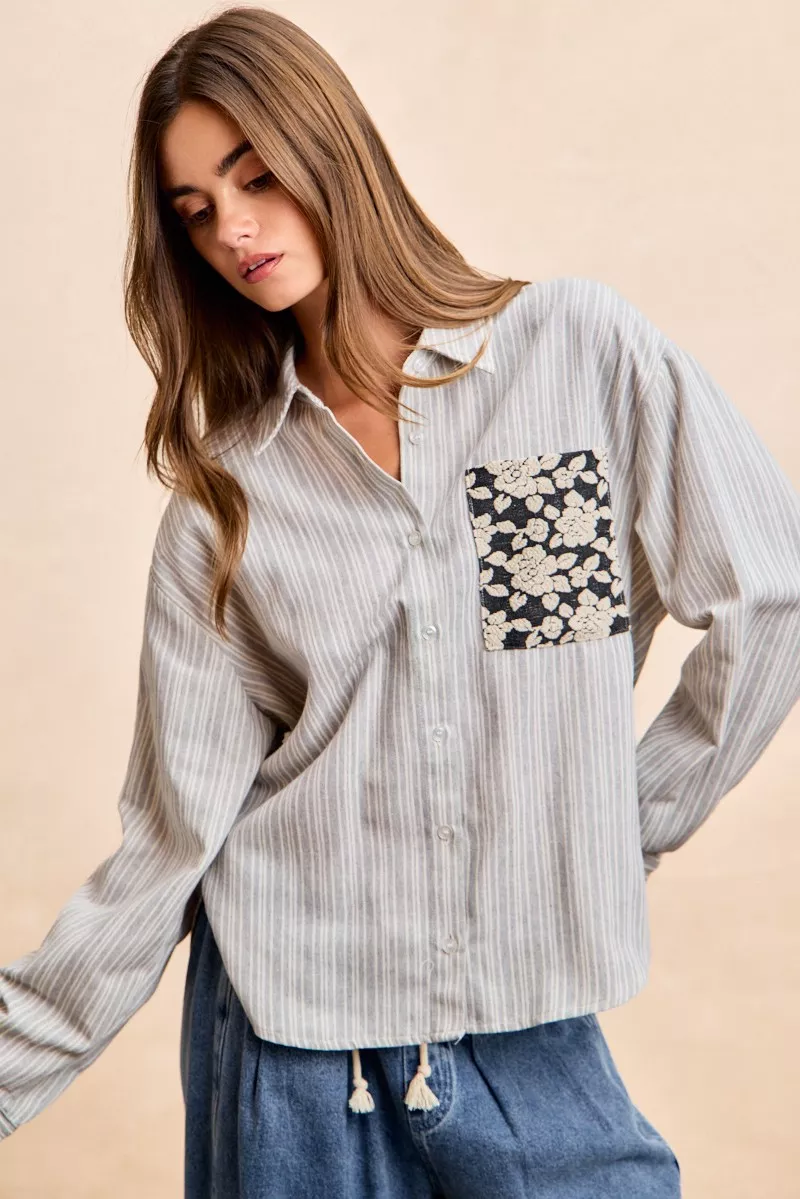 Flower Jacquard Knit Patch Pocket Stripe Shirt, image 16
