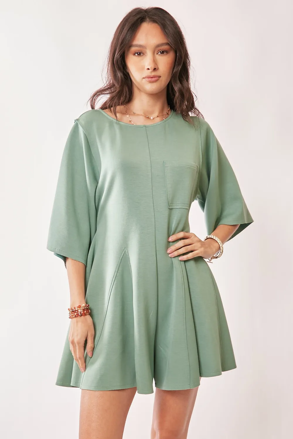 Solid Draped Sleeve Ties Back Skort Romper, image 5