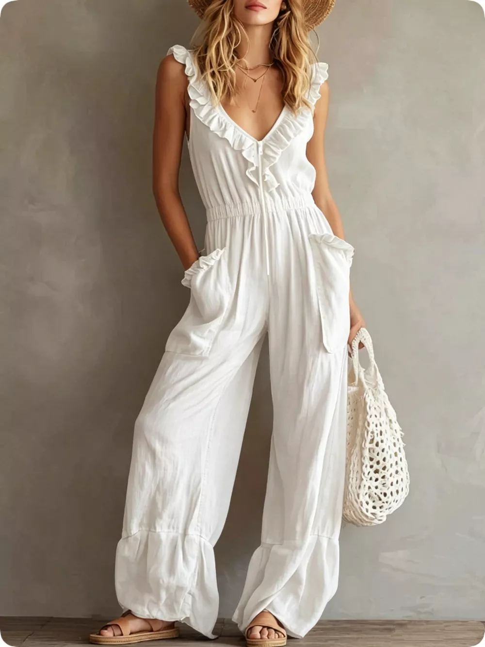Ruffled V-Neck Wide Leg Jumpsuit, image 7