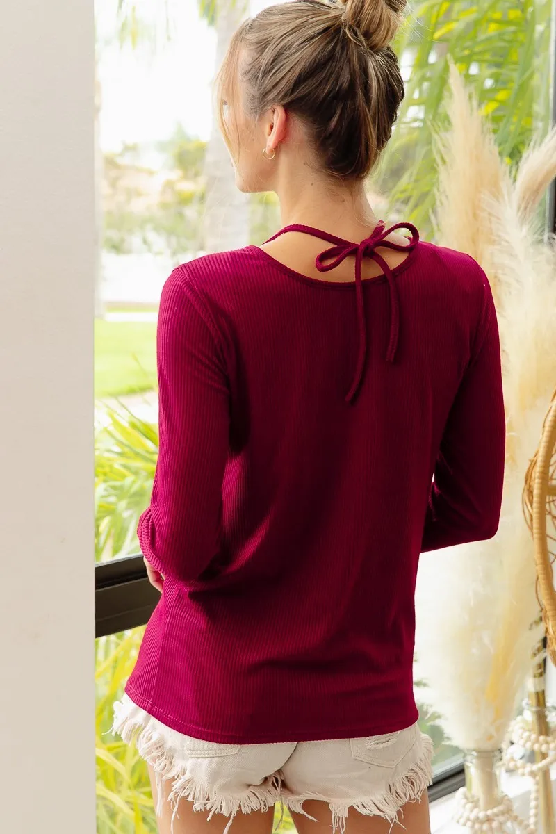 Rib Knit With Cut Out and Tied Neck Detailed Top, image 10