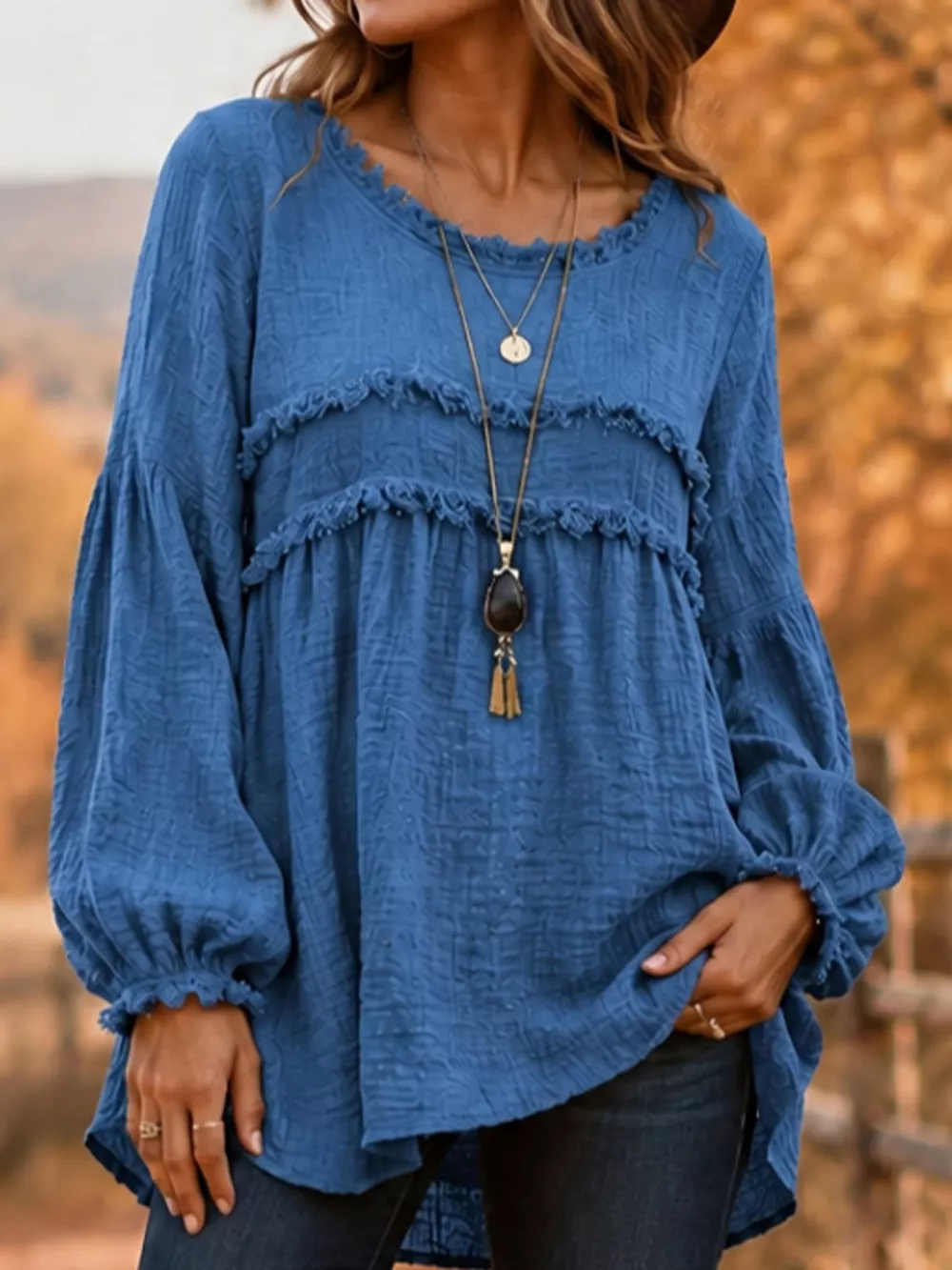 Full Size Boho Chic Textured Frayed Trim Peplum Blouse Plus Size, image 10