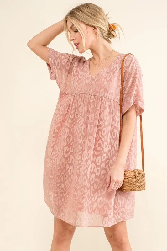 Woven Leopard Baby Doll Roll-Sleeve Casual Dress