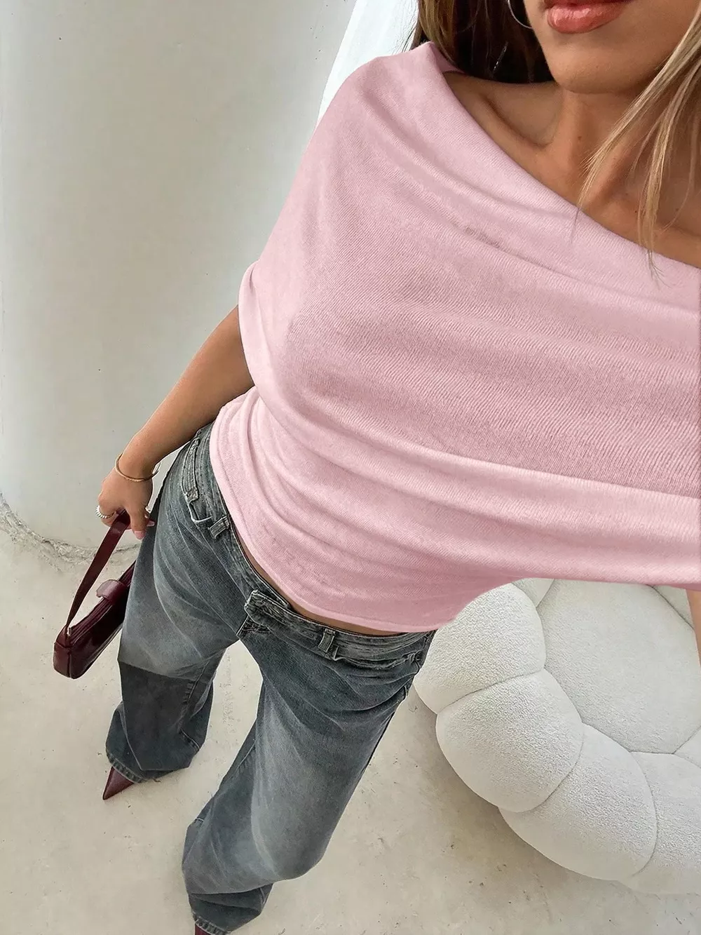 Off-Shoulder Ruched Knit T-Shirt, image 5